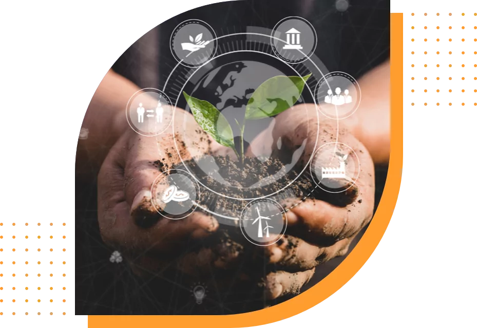 illustration of hands holding a handful of soil with a small germinated plant and icons of the life cycle of a product overlaid