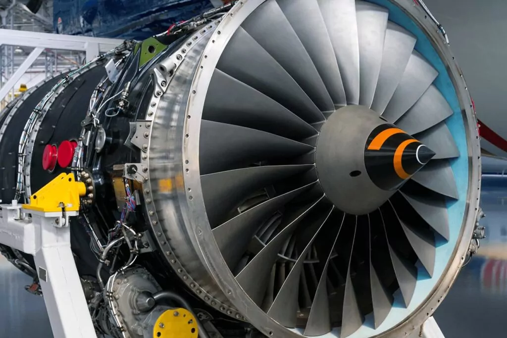 Partially disassembled airplane jet engine